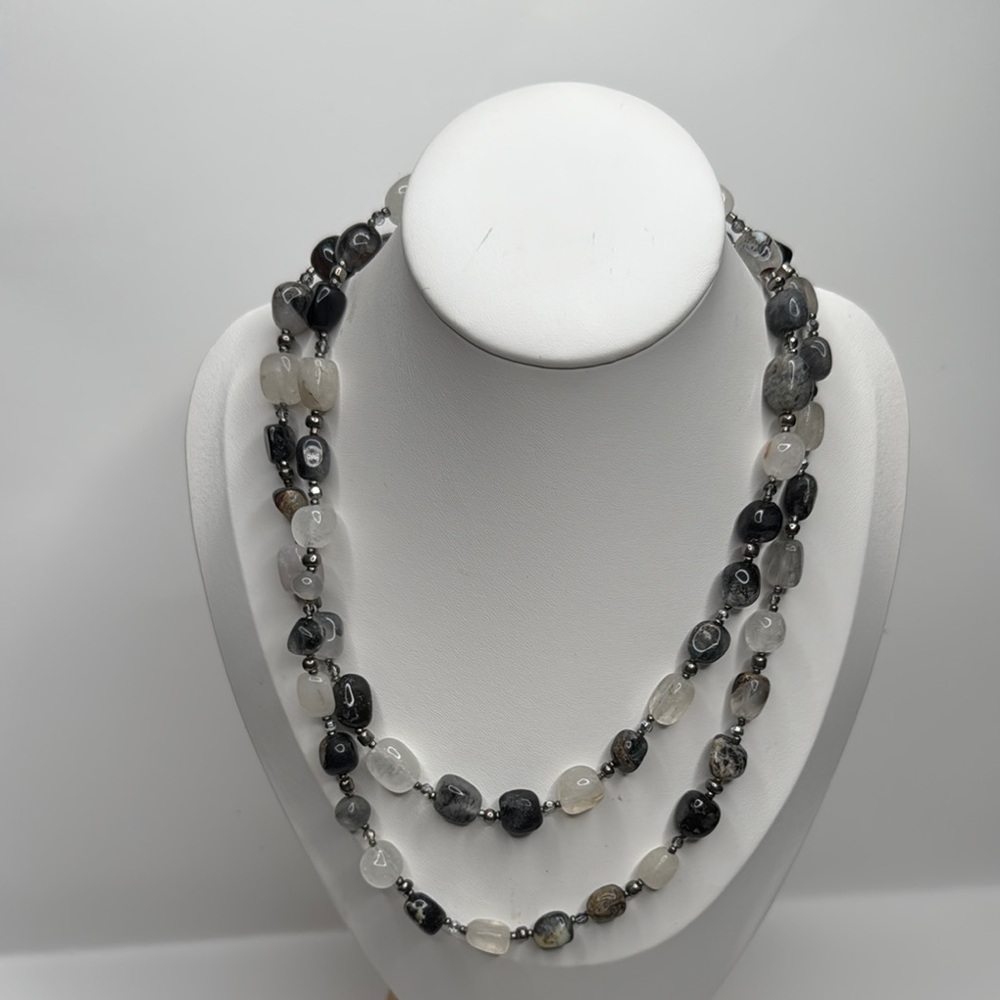 Gray and White Glass or Stone Beaded Toggle Clasp Necklace